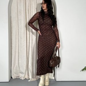 Printed Mesh Midi Dress – Chocolate