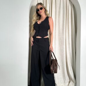 Open Back Vest & Wide Leg Pants Set – Black