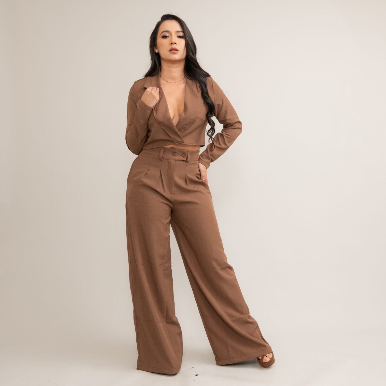 Mocha Blazer & Wide-Leg Pants Set