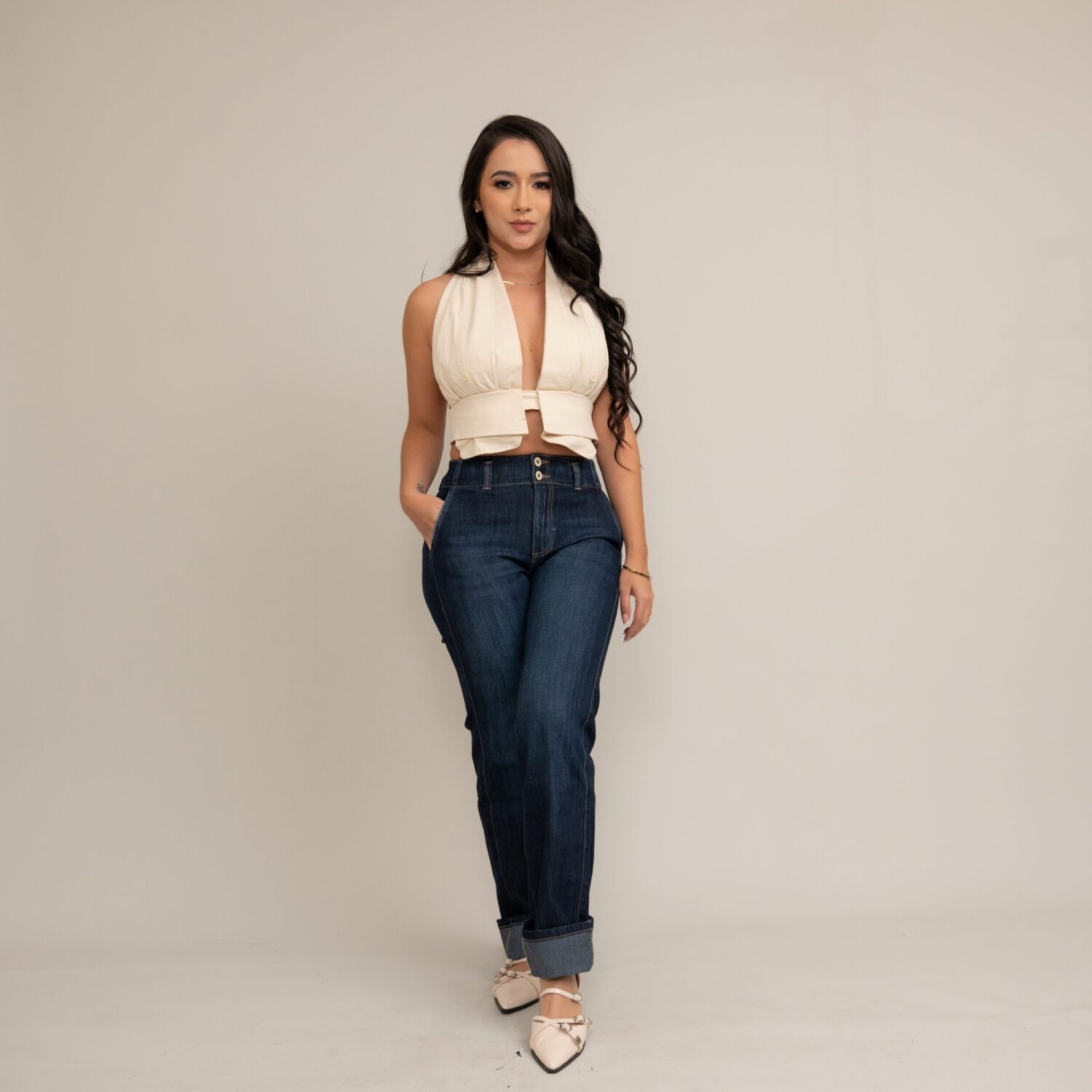 High-Waisted Cuffed Straight-Leg Jeans