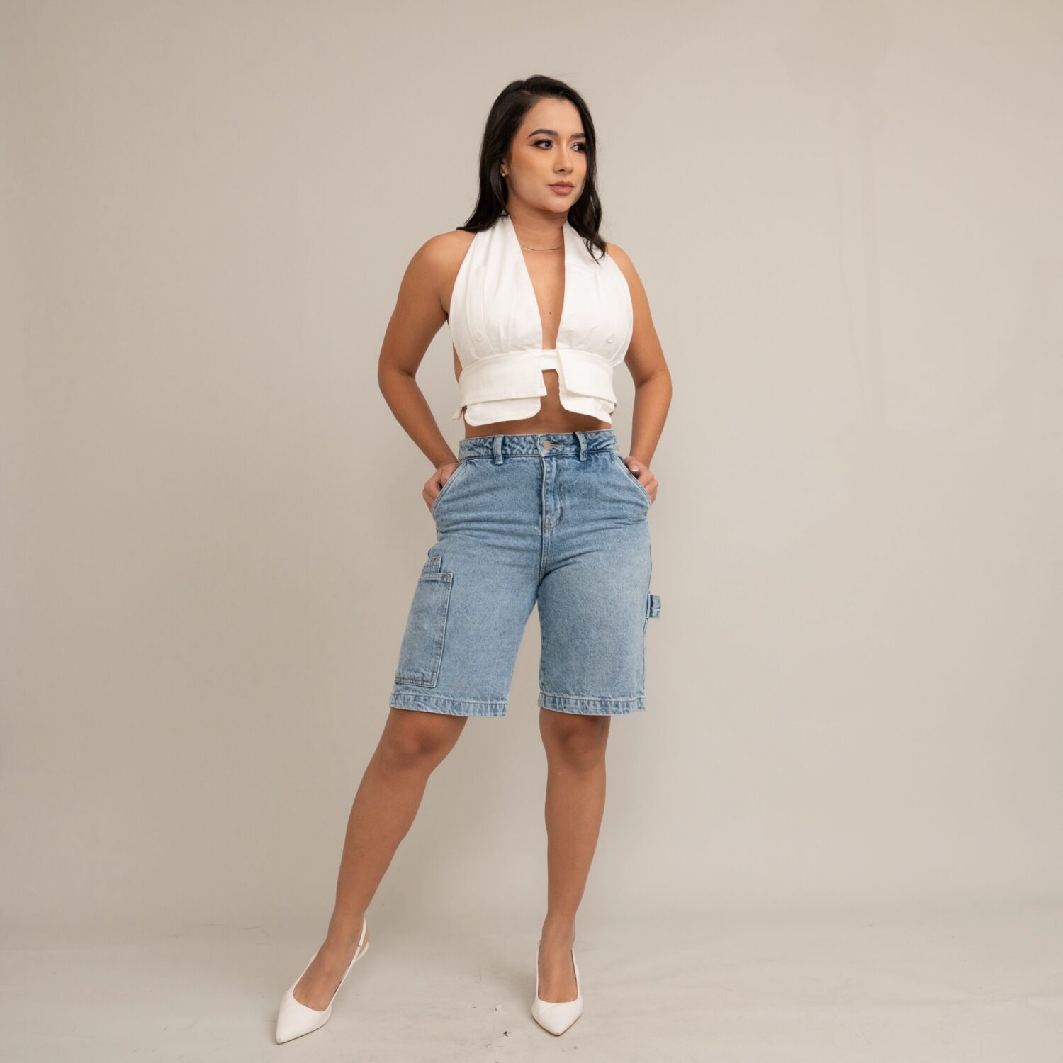 Light Wash Denim Cargo Bermuda Shorts